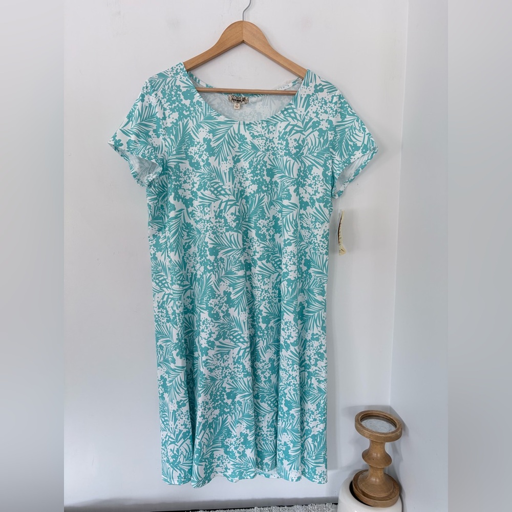 ONE WORLD 1X Blue White Floral Casual Dress Detachable Scarf Stretch Vacay Comfy